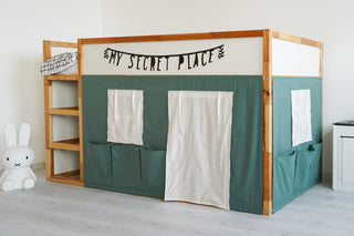 IKEA KURA Bunk Bed Curtains with Storage Pockets - Eucalyptus Cotton with Door and Windows