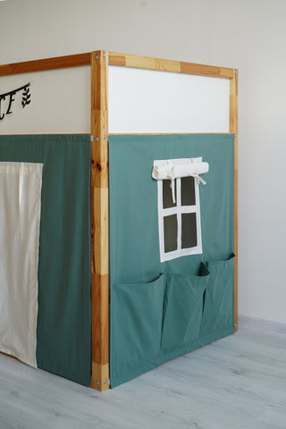 IKEA KURA Bunk Bed Curtains with Storage Pockets - Eucalyptus Cotton with Door and Windows