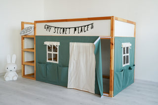 IKEA KURA Bunk Bed Curtains with Storage Pockets - Eucalyptus Cotton with Door and Windows