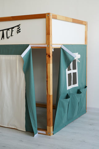 IKEA KURA Bunk Bed Curtains with Storage Pockets - Eucalyptus Cotton with Door and Windows