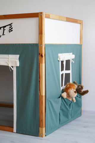 IKEA KURA Bunk Bed Curtains with Storage Pockets - Eucalyptus Cotton with Door and Windows