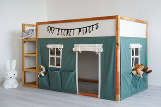IKEA KURA Bunk Bed Curtains with Storage Pockets - Eucalyptus Cotton with Door and Windows