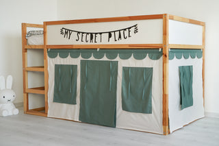 KURA Bunk Bed Curtains with Scallop Trim - Ivory and Eucalyptus Green