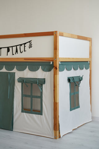 KURA Bunk Bed Curtains with Scallop Trim - Ivory and Eucalyptus Green
