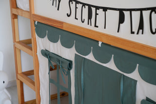KURA Bunk Bed Curtains with Scallop Trim - Ivory and Eucalyptus Green