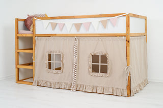 KURA Bunk Bed Curtains with Pompoms and Ruffled Windows - Beige Cotton