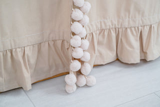 KURA Bunk Bed Curtains with Pompoms and Ruffled Windows - Beige Cotton