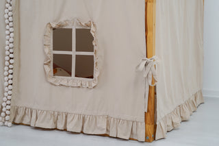 KURA Bunk Bed Curtains with Pompoms and Ruffled Windows - Beige Cotton