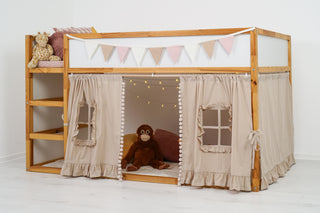 KURA Bunk Bed Curtains with Pompoms and Ruffled Windows - Beige Cotton