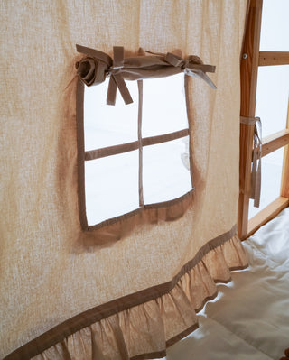 KURA Bunk Bed Curtains with Pompoms and Ruffled Windows - Beige Cotton
