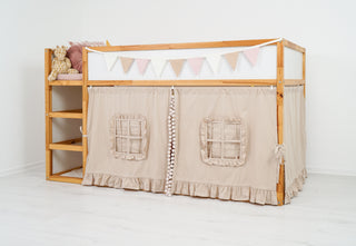 KURA Bunk Bed Curtains with Pompoms and Ruffled Windows - Beige Cotton