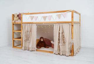 KURA Bunk Bed Curtains with Pompoms and Ruffled Windows - Beige Cotton