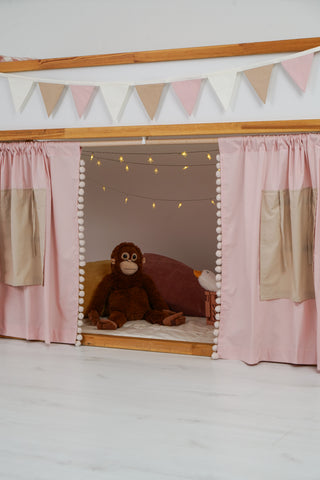 Curtains for IKEA KURA Bunk Bed with Pompoms - Blush Pink, Ready to Hang