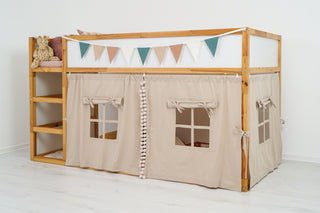 IKEA KURA Bunk Bed Curtains with Pompoms - Beige Cotton, Ready to Hang