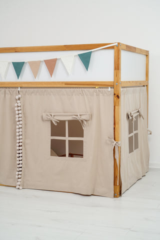 IKEA KURA Bunk Bed Curtains with Pompoms - Beige Cotton, Ready to Hang