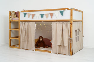 IKEA KURA Bunk Bed Curtains with Pompoms - Beige Cotton, Ready to Hang