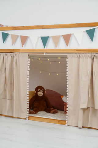 IKEA KURA Bunk Bed Curtains with Pompoms - Beige Cotton, Ready to Hang
