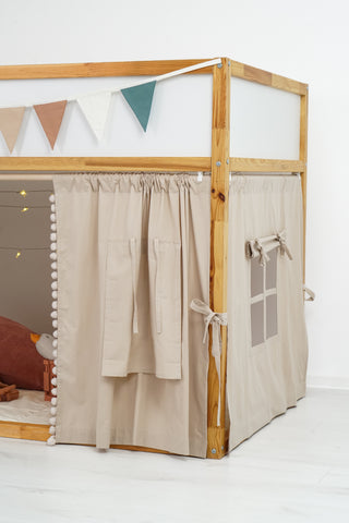 IKEA KURA Bunk Bed Curtains with Pompoms - Beige Cotton, Ready to Hang