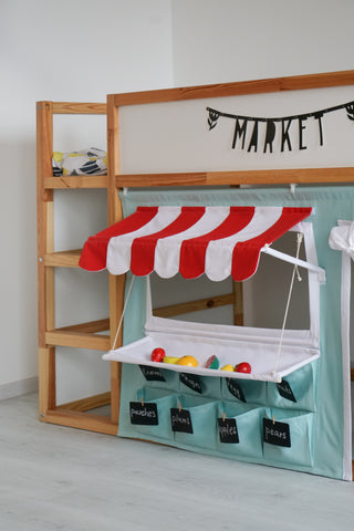 Kura Bed Curtains - Mint Market Stand Playhouse with Red Striped Awning and Counter