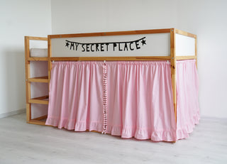 IKEA KURA Bunk Bed Curtains with Pompoms and Ruffle Hem - Pink Cotton