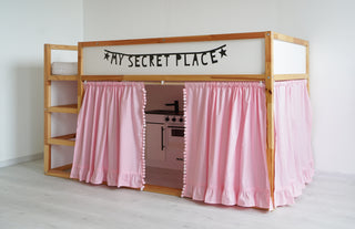 IKEA KURA Bunk Bed Curtains with Pompoms and Ruffle Hem - Pink Cotton