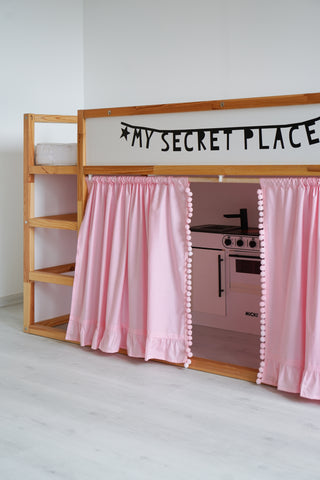 IKEA KURA Bunk Bed Curtains with Pompoms and Ruffle Hem - Pink Cotton