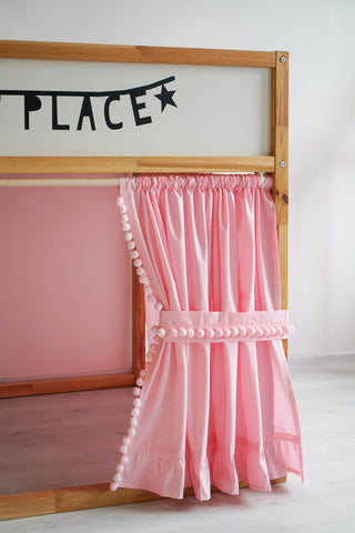 IKEA KURA Bunk Bed Curtains with Pompoms and Ruffle Hem - Pink Cotton