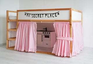 IKEA KURA Bunk Bed Curtains with Pompoms and Ruffle Hem - Pink Cotton