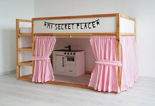 IKEA KURA Bunk Bed Curtains with Pompoms and Ruffle Hem - Pink Cotton
