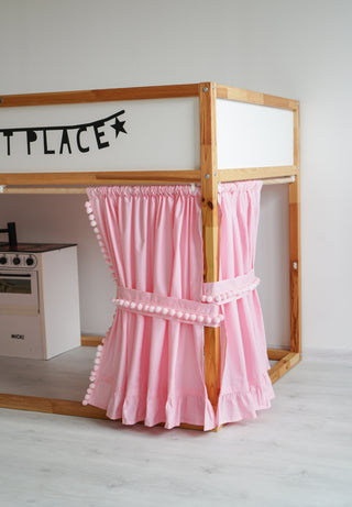 IKEA KURA Bunk Bed Curtains with Pompoms and Ruffle Hem - Pink Cotton