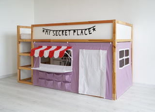 Curtains for IKEA Kura Bed - Lavender Market Stand with Red Striped Awning and Counter