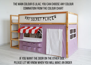Curtains for IKEA Kura Bed - Lavender Market Stand with Red Striped Awning and Counter