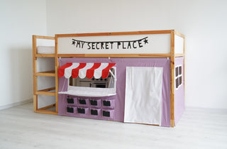 Curtains for IKEA Kura Bed - Lavender Market Stand with Red Striped Awning and Counter