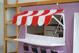 Curtains for IKEA Kura Bed - Lavender Market Stand with Red Striped Awning and Counter