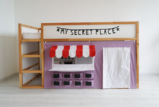 Curtains for IKEA Kura Bed - Lavender Market Stand with Red Striped Awning and Counter