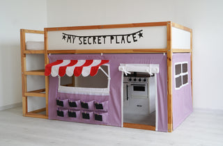 Curtains for IKEA Kura Bed - Lavender Market Stand with Red Striped Awning and Counter