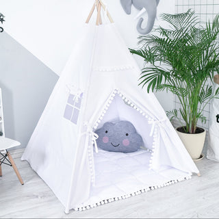 White Kids Teepee with Pom Poms | Handmade Cotton Play Tent, Gender Neutral