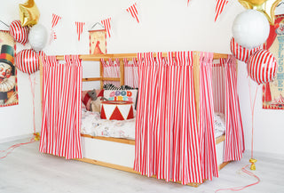 Curtains for IKEA KURA Bed - Circus Stripe with Solid Red Roof Canopy