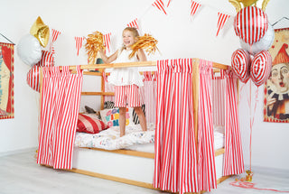 Curtains for IKEA KURA Bed - Circus Stripe with Solid Red Roof Canopy