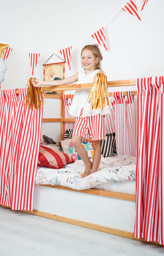 Curtains for IKEA KURA Bed - Circus Stripe with Solid Red Roof Canopy