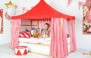 Curtains for IKEA KURA Bed - Circus Stripe with Solid Red Roof Canopy