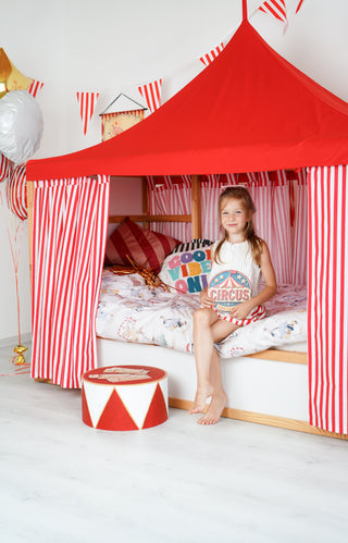 Curtains for IKEA KURA Bed - Circus Stripe with Solid Red Roof Canopy