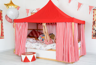 Curtains for IKEA KURA Bed - Circus Stripe with Solid Red Roof Canopy