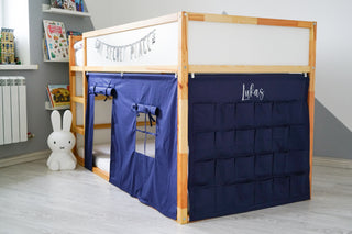 IKEA KURA Bunk Bed Curtains with Storage Pockets - Navy Blue Cotton