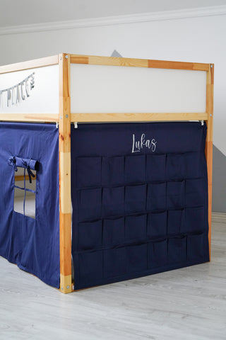 IKEA KURA Bunk Bed Curtains with Storage Pockets - Navy Blue Cotton