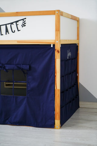 IKEA KURA Bunk Bed Curtains with Storage Pockets - Navy Blue Cotton