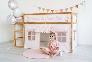 IKEA Kura Hack - Ice Cream Shop Curtains, Pink and White Playhouse with Striped Awning