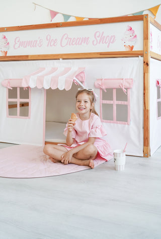 IKEA Kura Hack - Ice Cream Shop Curtains, Pink and White Playhouse with Striped Awning