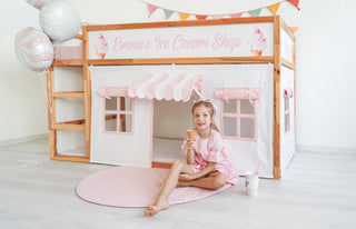IKEA Kura Hack - Ice Cream Shop Curtains, Pink and White Playhouse with Striped Awning