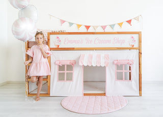 IKEA Kura Hack - Ice Cream Shop Curtains, Pink and White Playhouse with Striped Awning